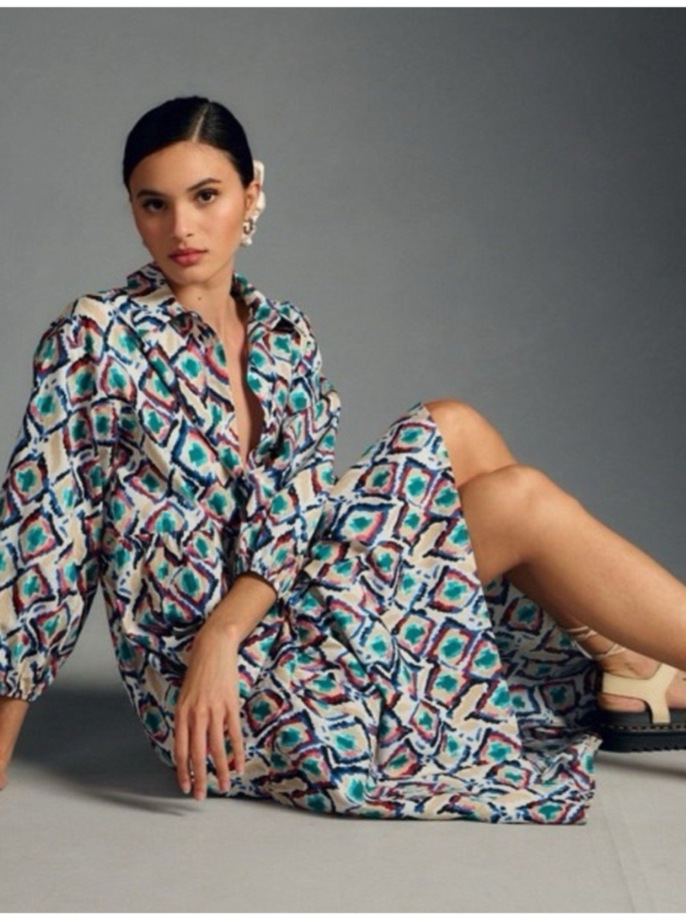 Anthropologie Maeve Bettina Tiered Geometric Shirt dress, size L, - Picture 2 of 11